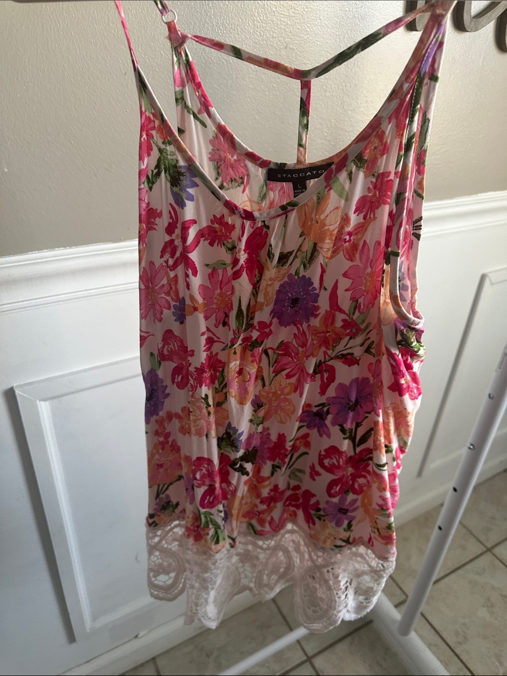 Staccato Pink Floral Lace-Hem Camisole with Purple & Peach Accents